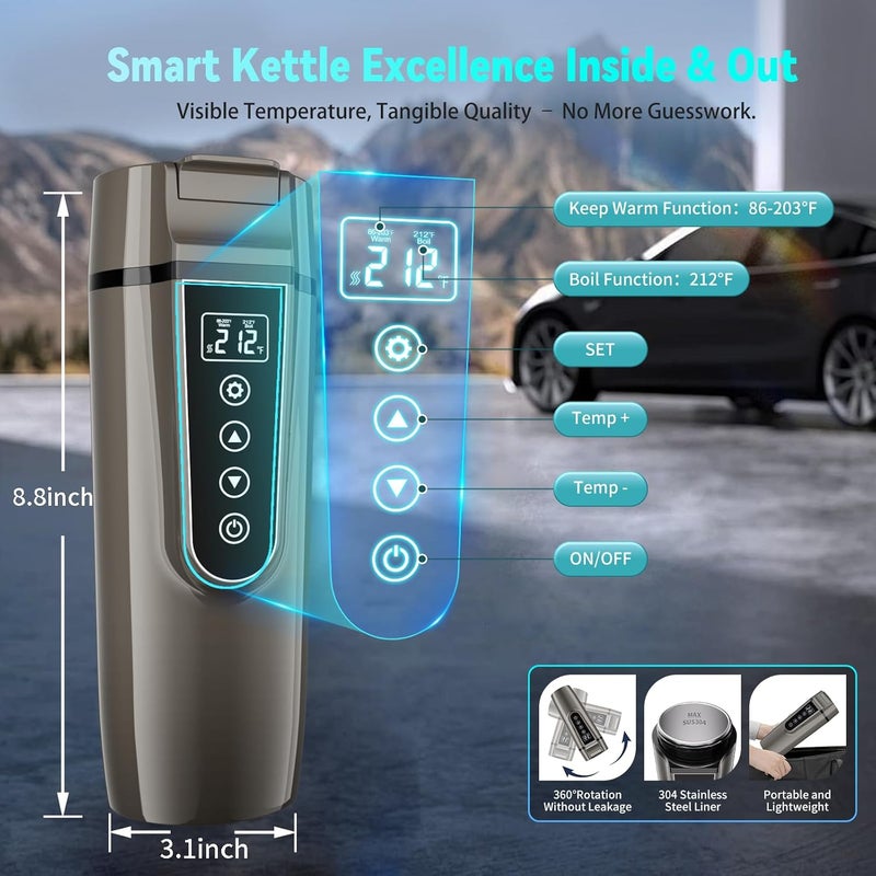FVPE Car Electric Kettle for Travel : 12V/24V Small Electric Water Kettle, Multi-Temp Control 400 mL Portable Car Water Boiler for Brewing Coffee Tea,LCD Display 304 Stainless Steel Truck Heating Cup - Image 4